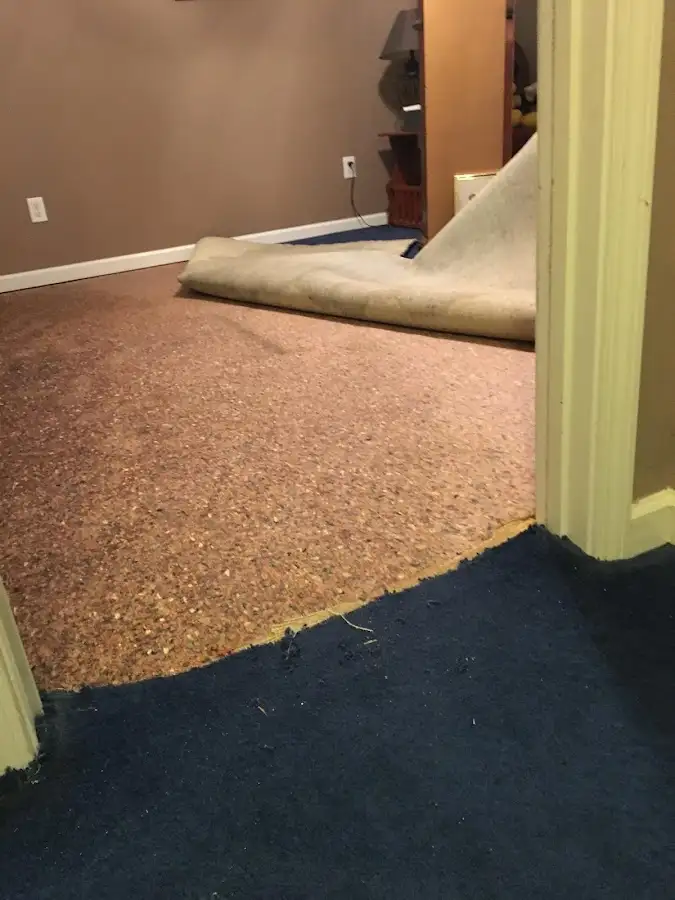 Carpet pad removal revealing water damage during Water Mitigation Services in Grand Haven
